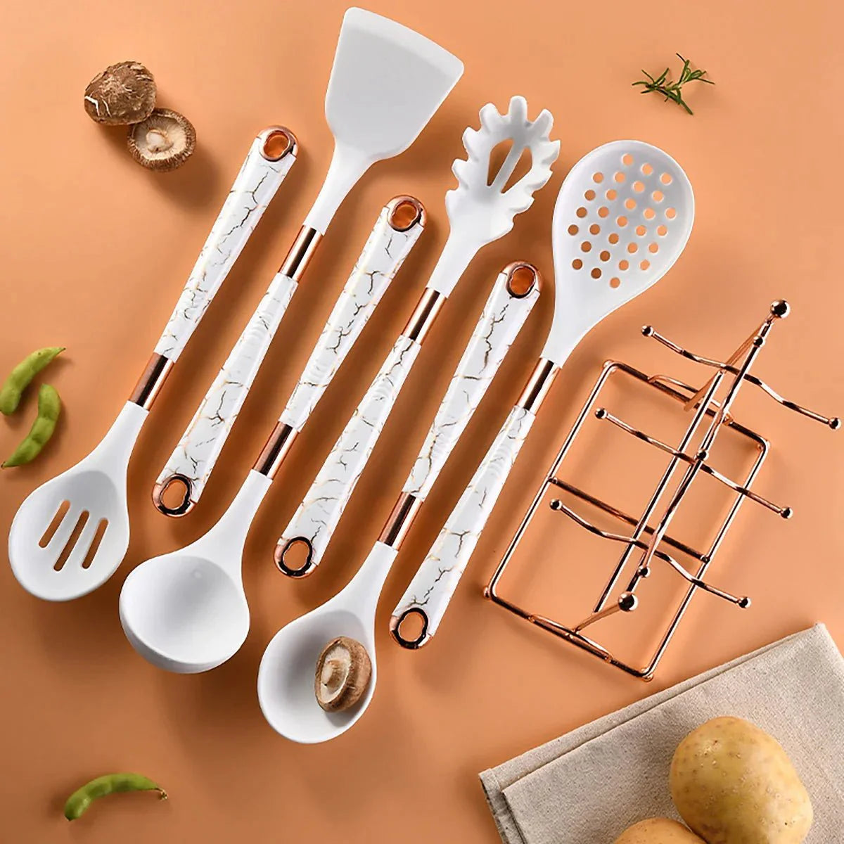 7-Piece Rose Gold Kitchen Utensil Set with Stand