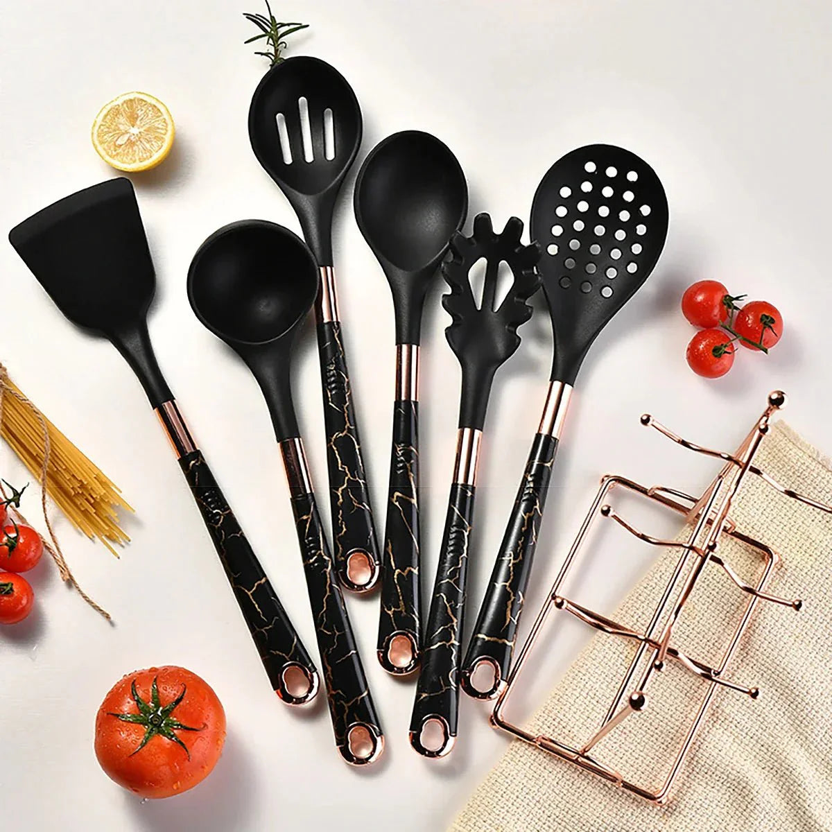 7-Piece Rose Gold Kitchen Utensil Set with Stand