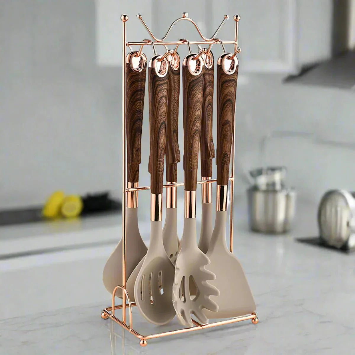 7-Piece Rose Gold Kitchen Utensil Set with Stand