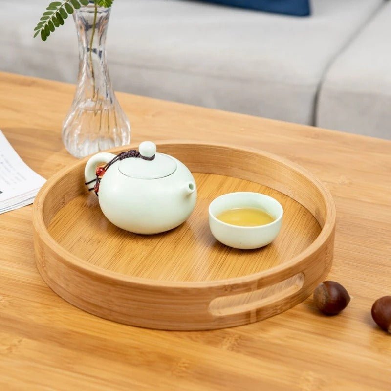 Bamboo Wood Round Serving Tray with Handles