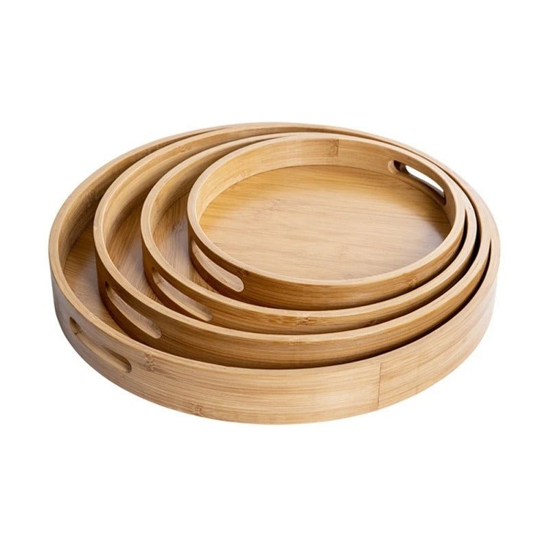 Bamboo Wood Round Serving Tray with Handles
