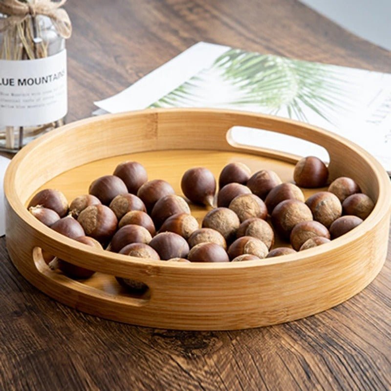 Bamboo Wood Round Serving Tray with Handles