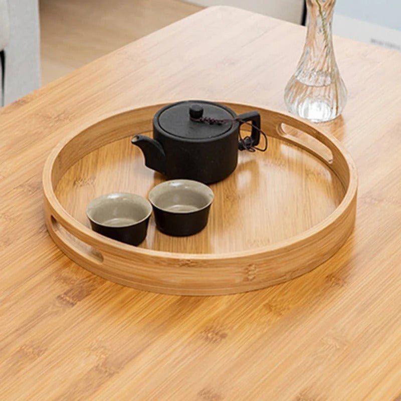 Bamboo Wood Round Serving Tray with Handles