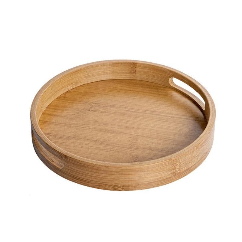 Bamboo Wood Round Serving Tray with Handles