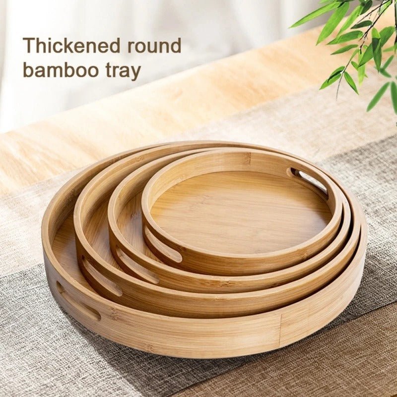 Bamboo Wood Round Serving Tray with Handles