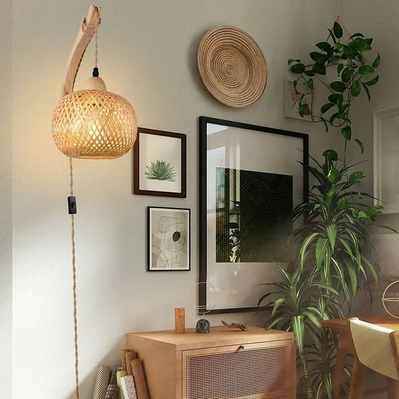 Boho Handwoven Bamboo Hanging Wall Light