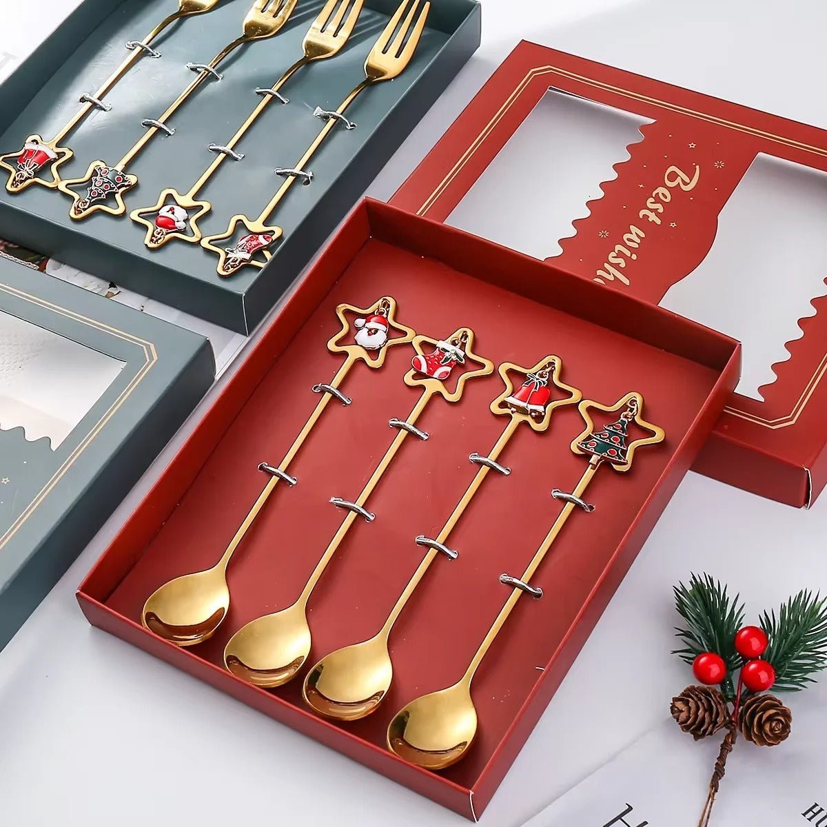 Christmas Stainless Steel Dessert Spoon Set - Holiday Tableware