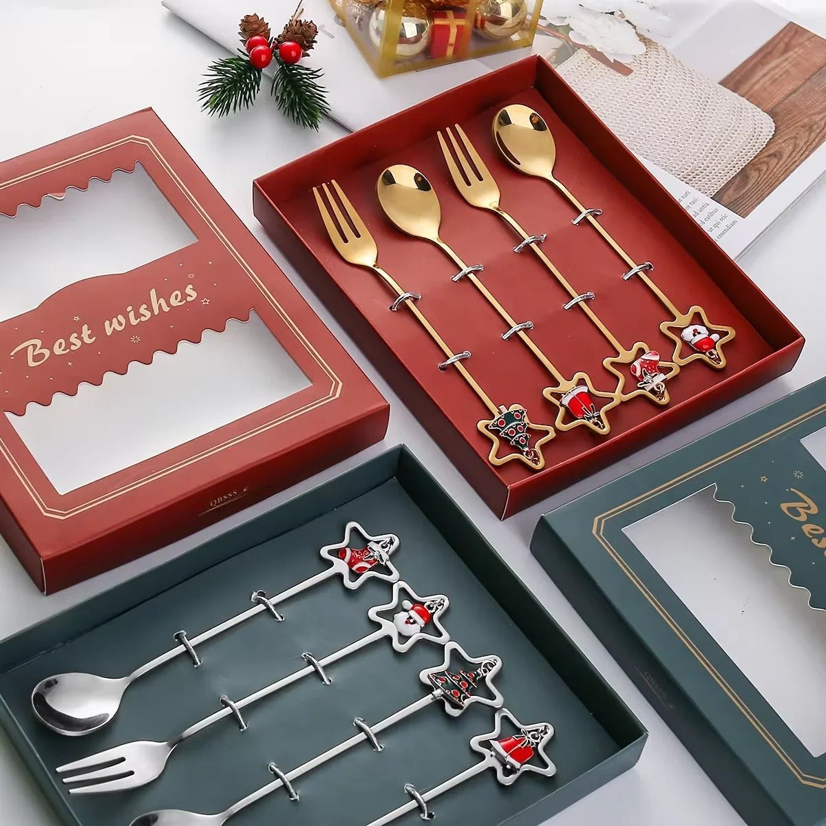 Christmas Stainless Steel Dessert Spoon Set - Holiday Tableware