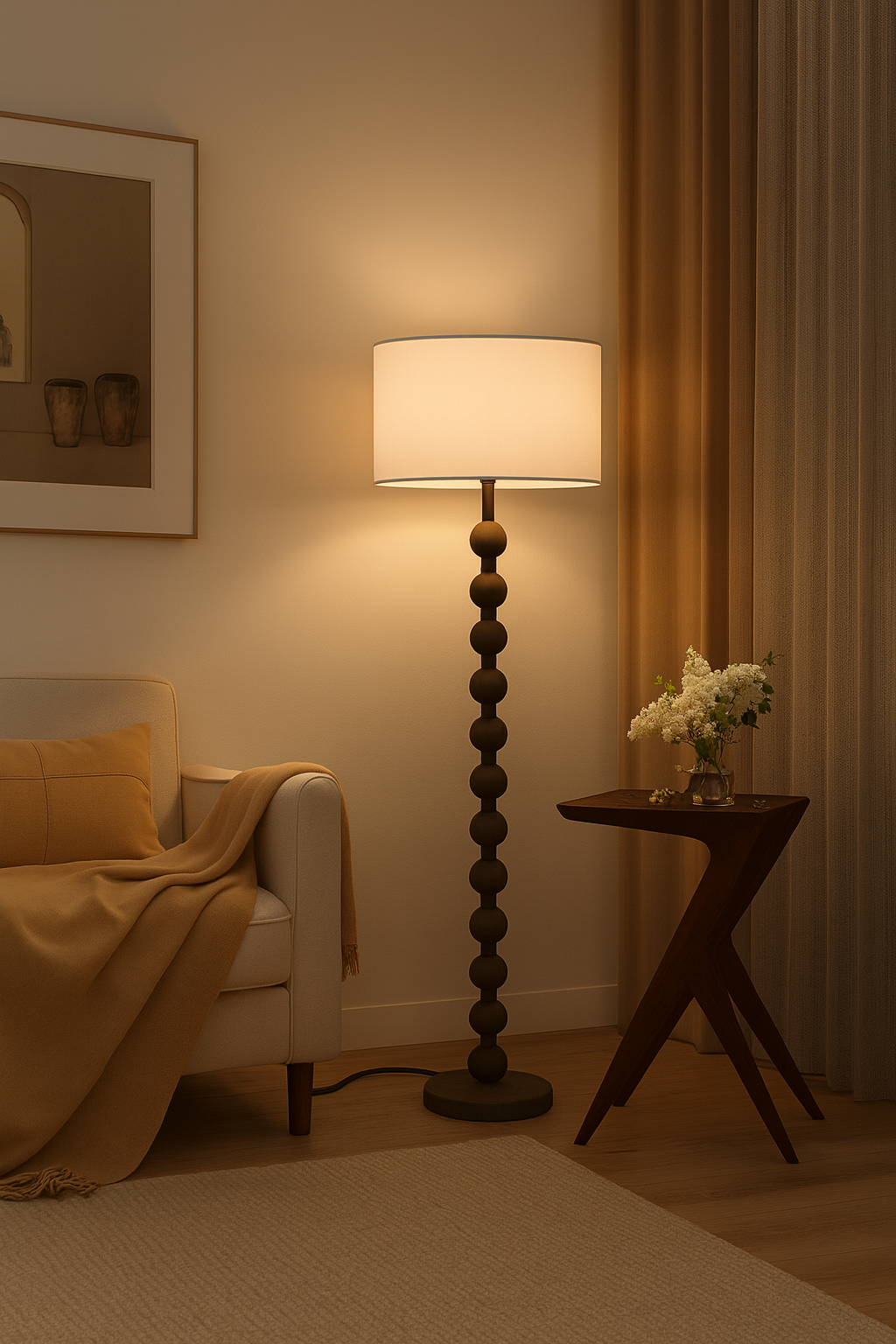 Classic Wooden Floor Lamp with White Fabric Lampshade