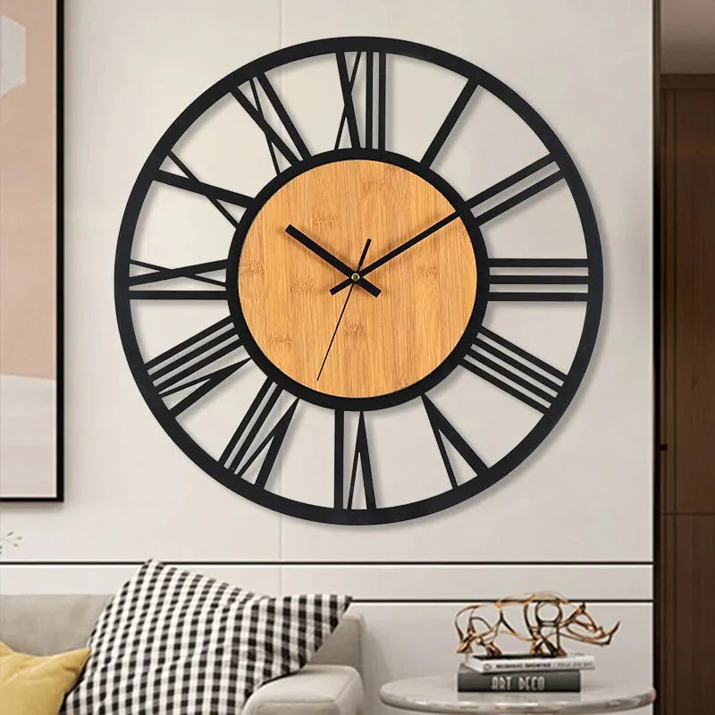 Large Round Wood Iron Wall Clock - Roman Numerals