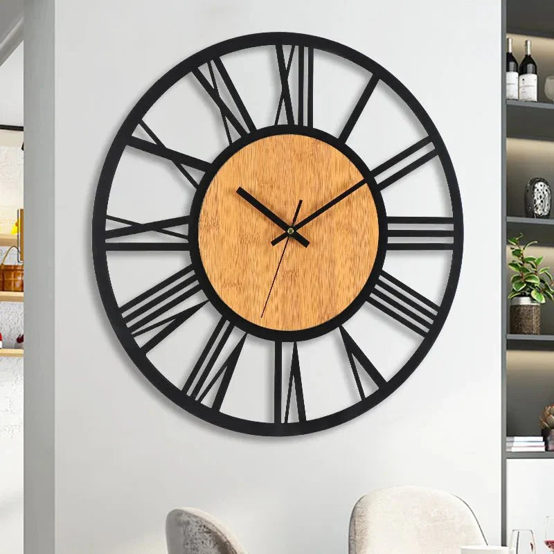 Large Round Wood Iron Wall Clock - Roman Numerals