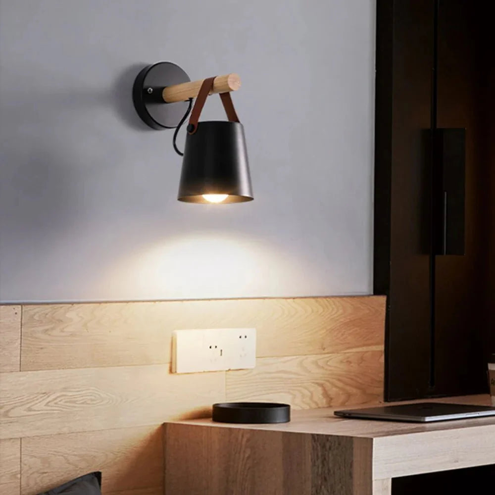 LED Bedside Wall Light with Leather and Wood Finish