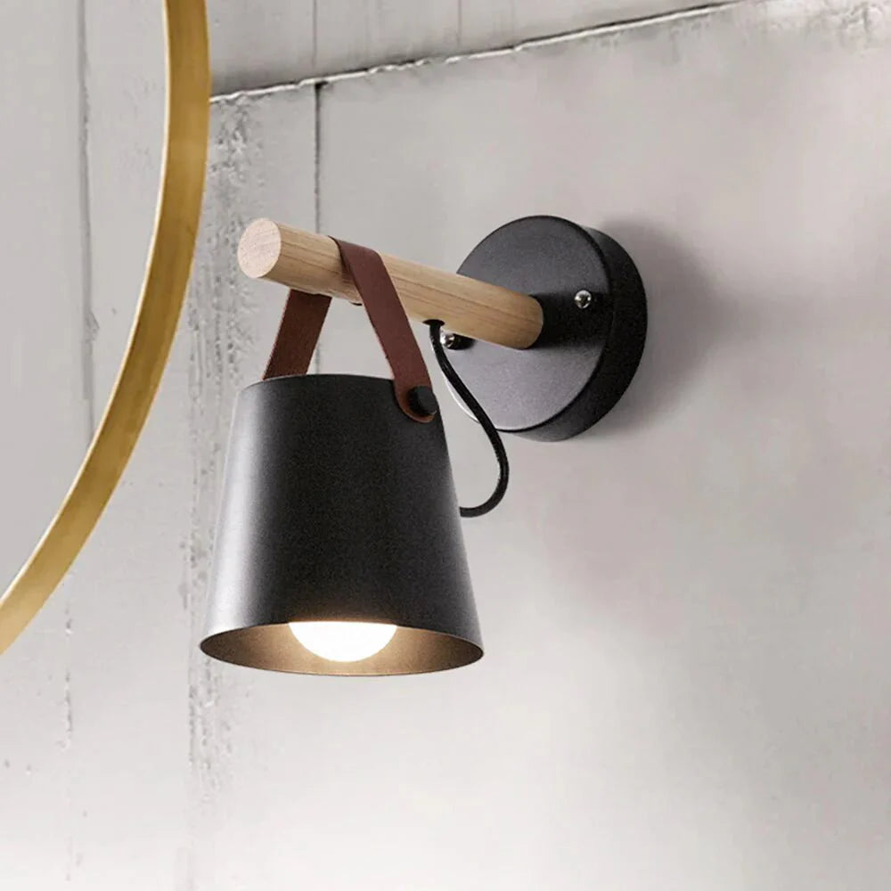 LED Bedside Wall Light with Leather and Wood Finish