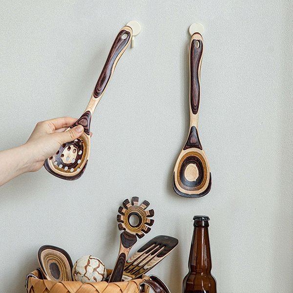 Striped Natural Wood Cooking Utensil Set