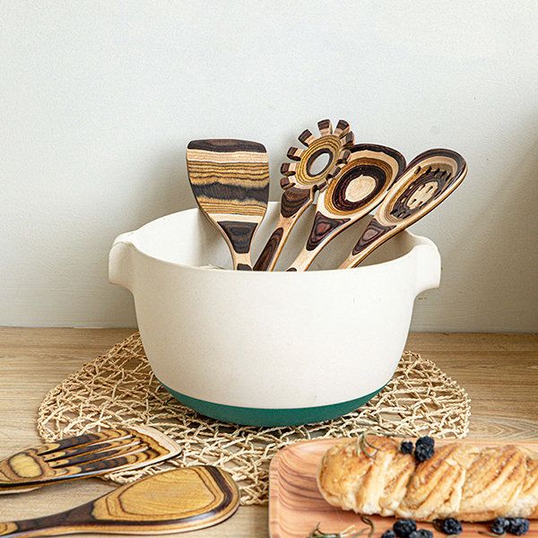 Striped Natural Wood Cooking Utensil Set
