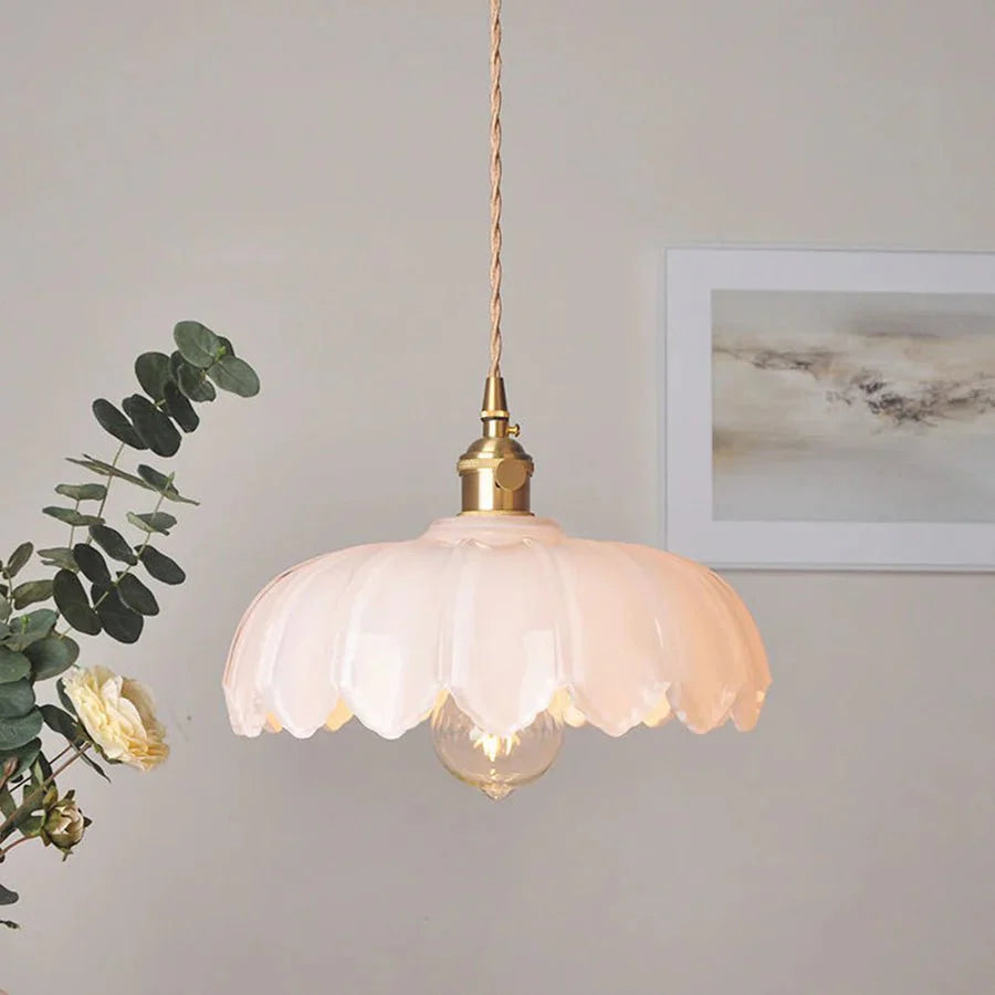 Vintage Floral Scalloped Glass Hanging Lamp