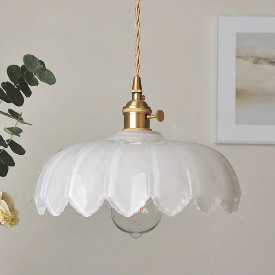 Vintage Floral Scalloped Glass Hanging Lamp