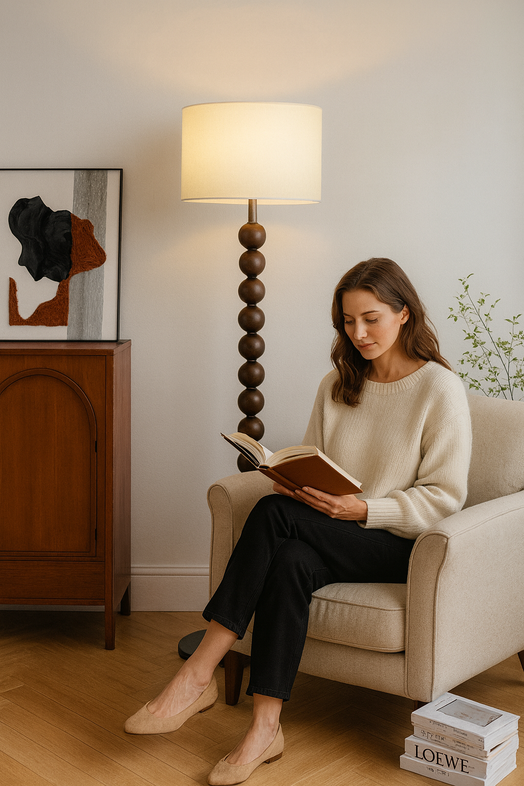 Classic Wooden Floor Lamp with White Fabric Lampshade