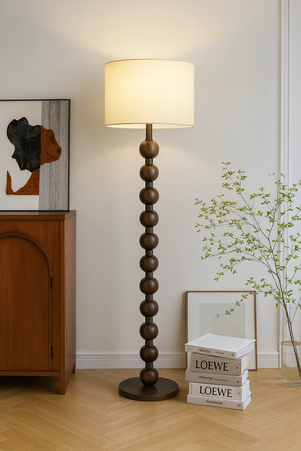 Classic Wooden Floor Lamp with White Fabric Lampshade