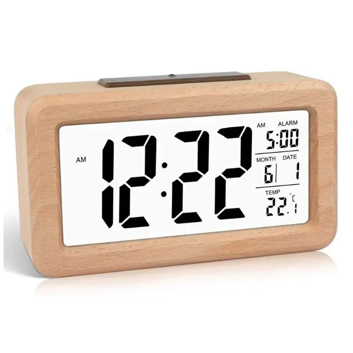 Digital Alarm Clock with Wooden Design & Multi-Function Display