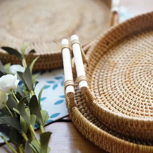 Handwoven Rattan Storage Tray with Wooden Handle