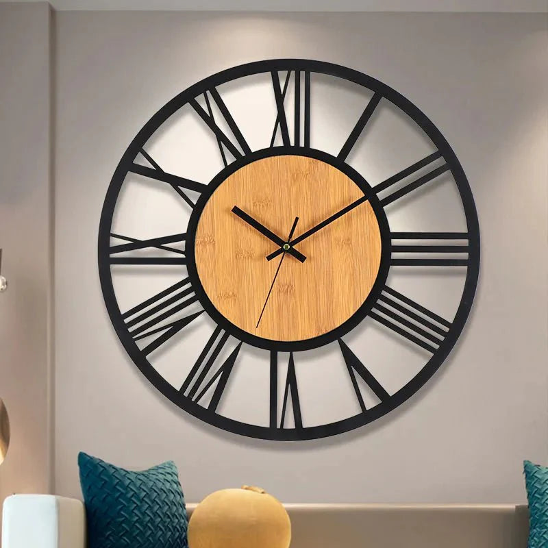 Large Round Wood Iron Wall Clock - Roman Numerals