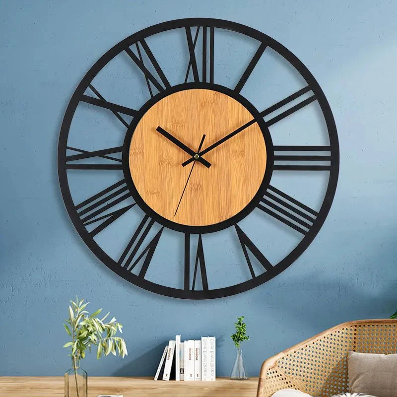 Large Round Wood Iron Wall Clock - Roman Numerals