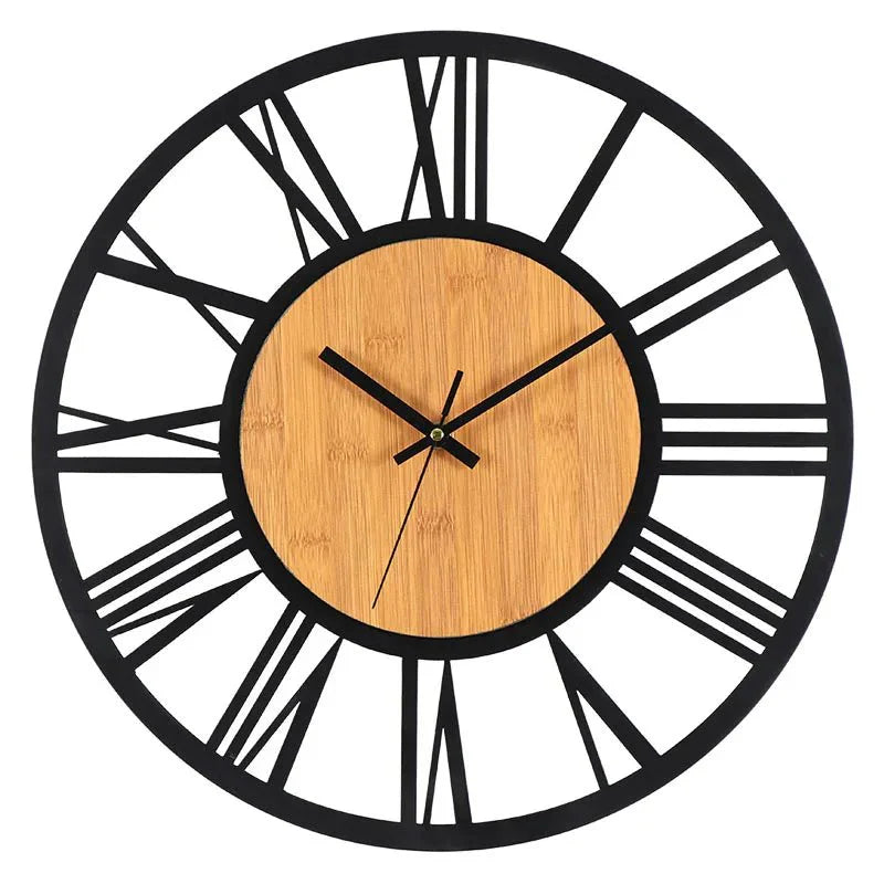 Large Round Wood Iron Wall Clock - Roman Numerals