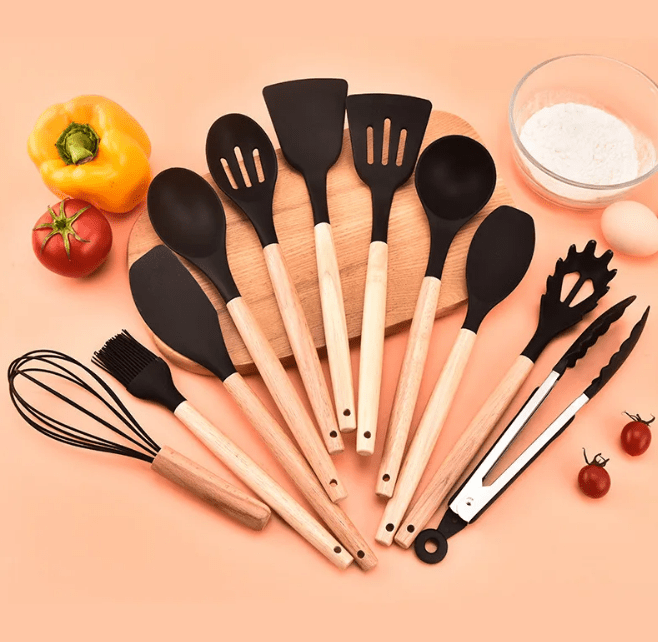 Non-Toxic BPA Free Silicone Cooking Utensil Set with Wooden Handles Casoni