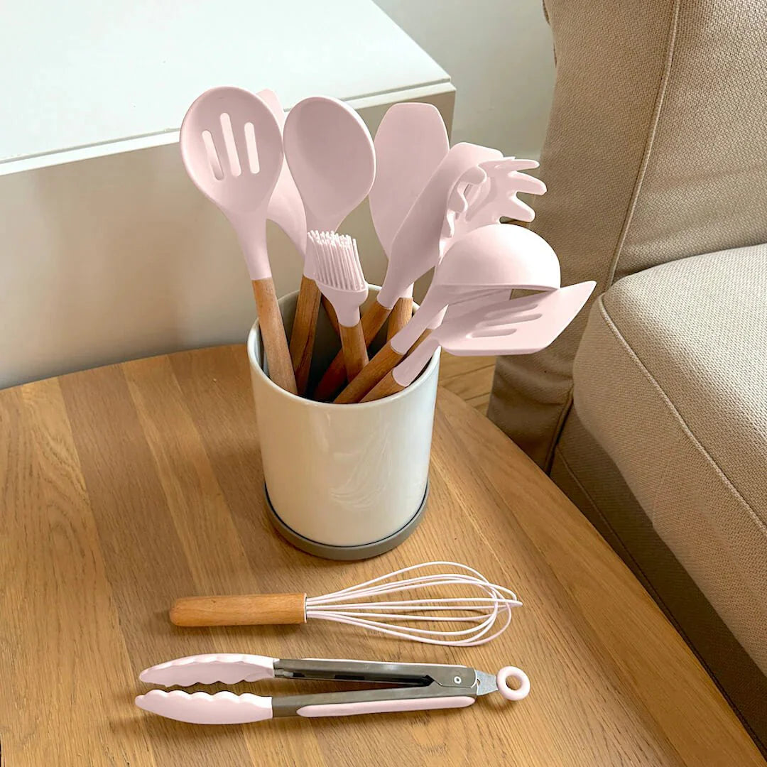 Non-Toxic BPA Free Silicone Cooking Utensil Set with Wooden Handles Casoni
