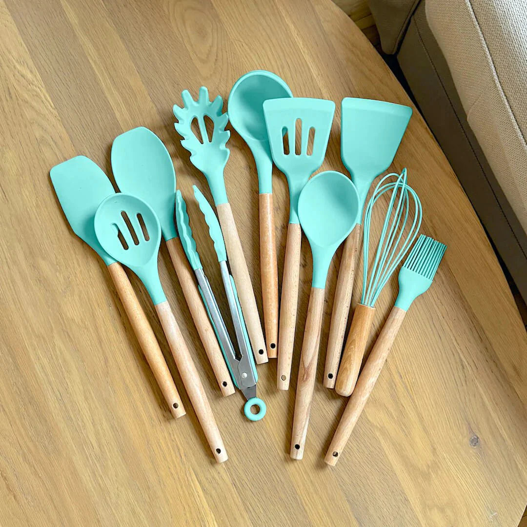 Non-Toxic BPA Free Silicone Cooking Utensil Set with Wooden Handles Casoni
