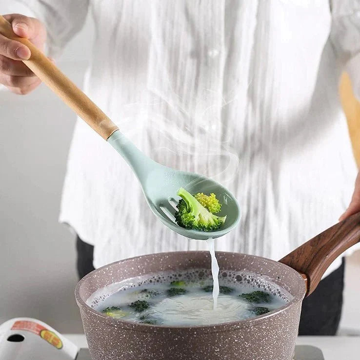 Nonstick Silicone Cooking Utensil Set with Wooden Handles