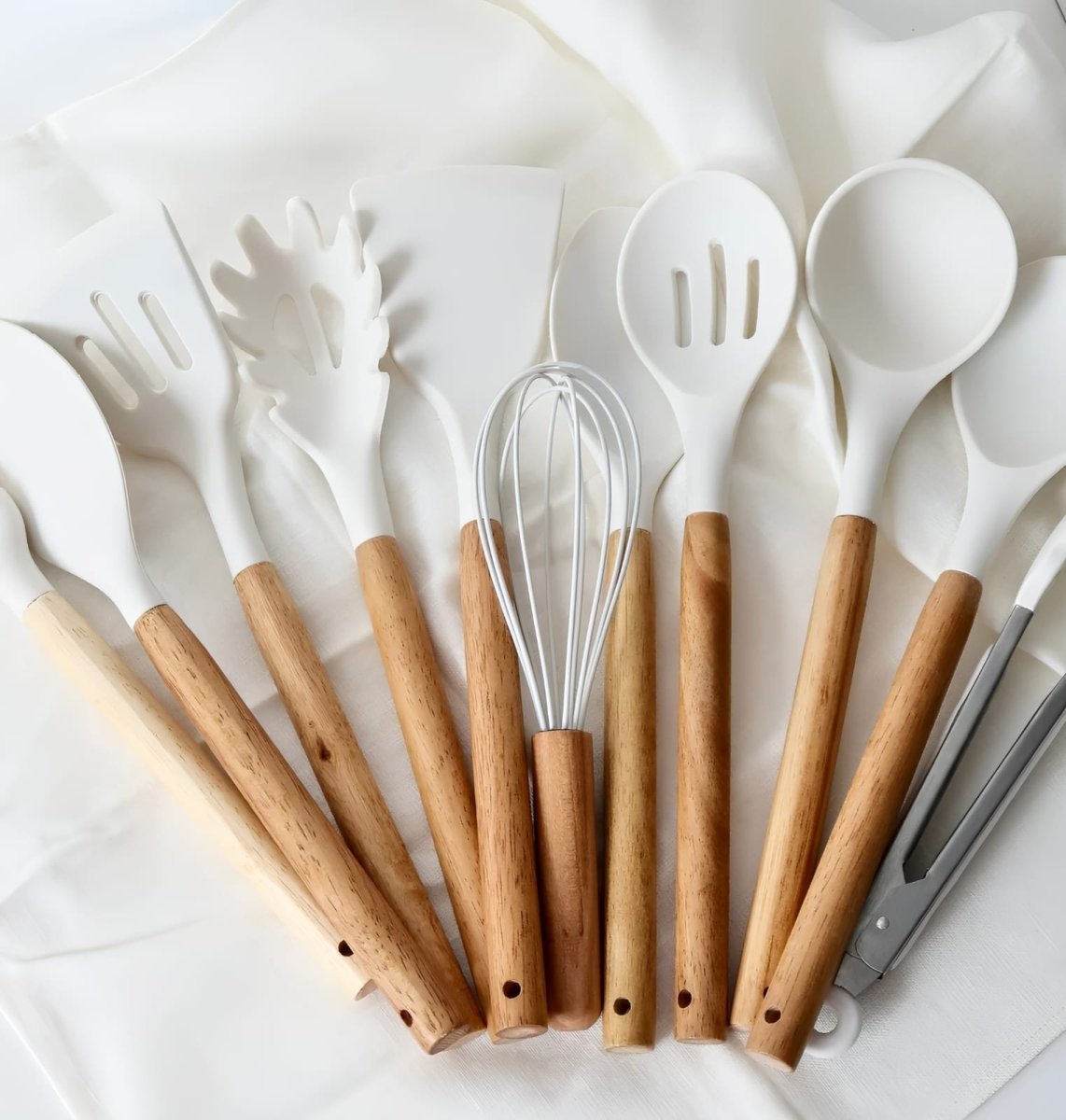 Nonstick Silicone Cooking Utensil Set with Wooden Handles