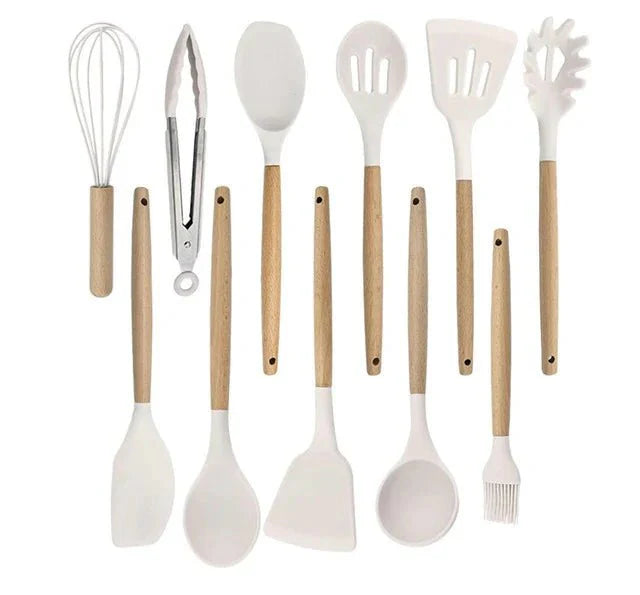 Nonstick Silicone Cooking Utensil Set with Wooden Handles