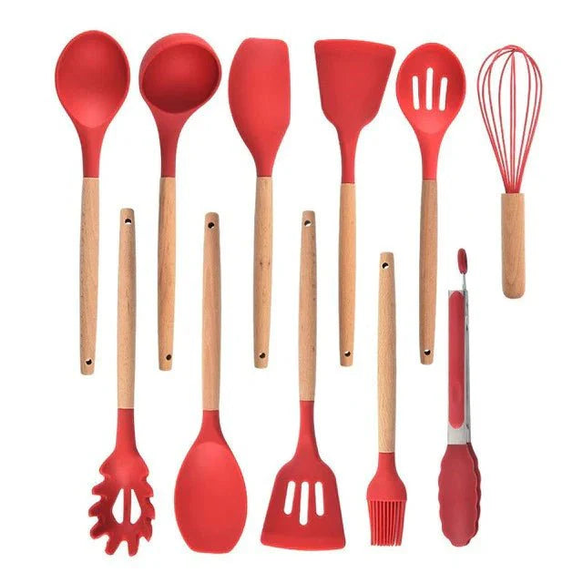 Nonstick Silicone Cooking Utensil Set with Wooden Handles