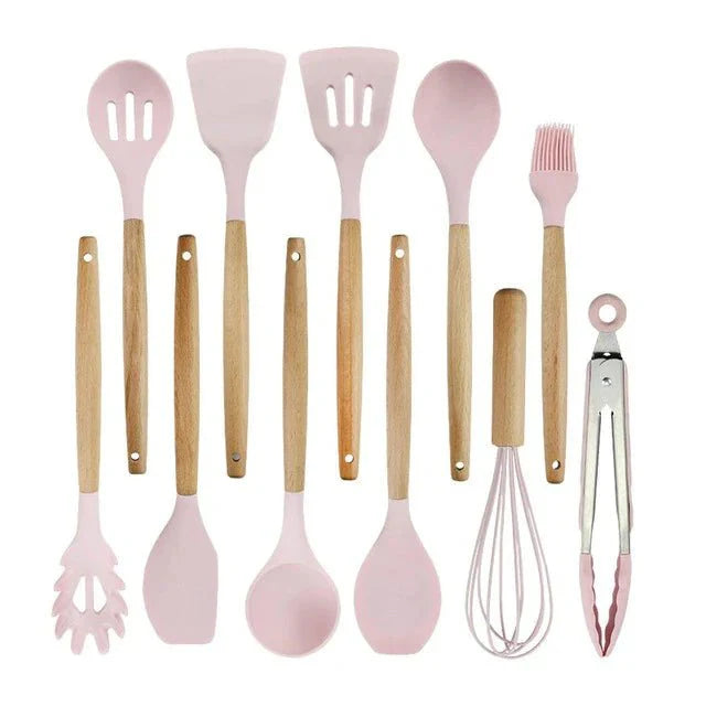 Nonstick Silicone Cooking Utensil Set with Wooden Handles