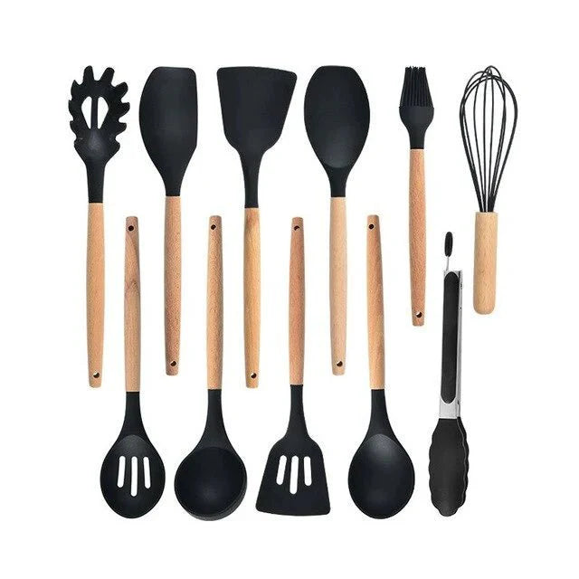 Nonstick Silicone Cooking Utensil Set with Wooden Handles