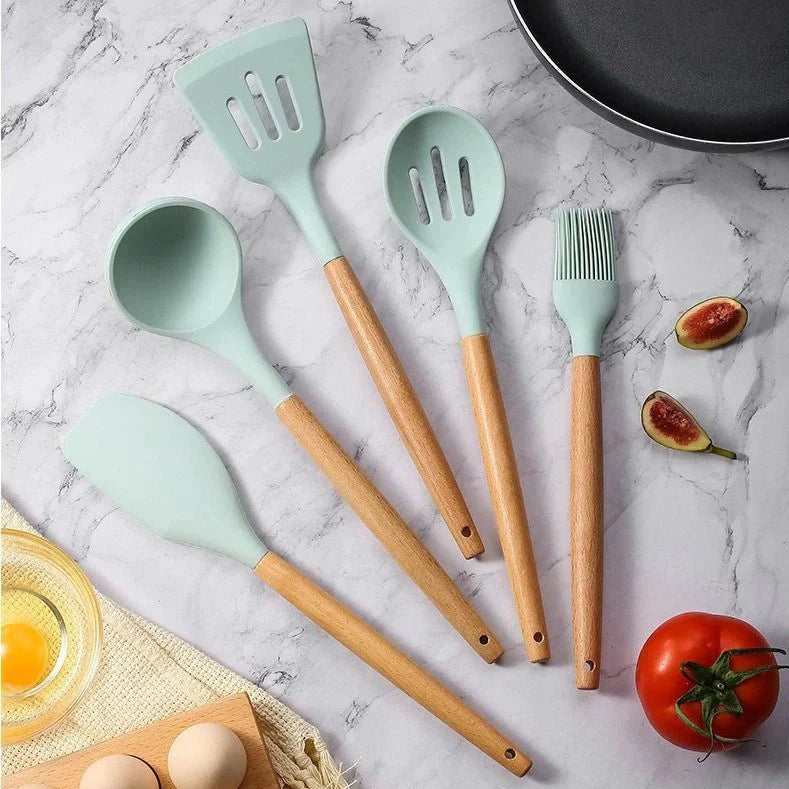 Nonstick Silicone Cooking Utensil Set with Wooden Handles