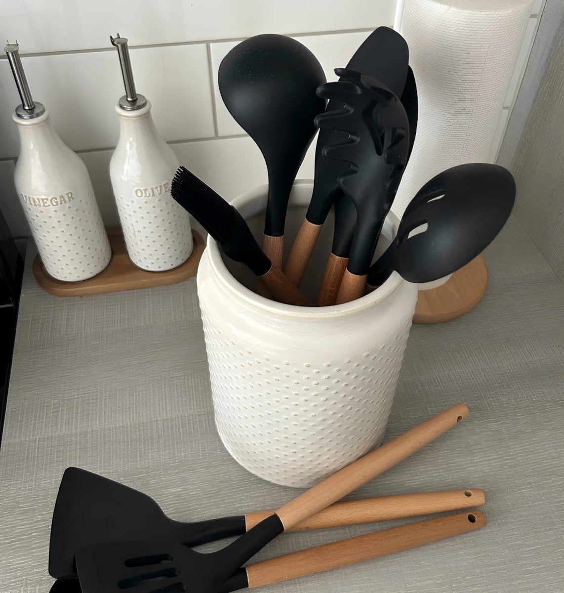 Nonstick Silicone Cooking Utensil Set with Wooden Handles