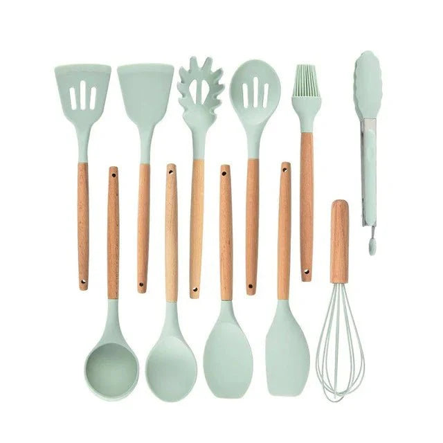 Nonstick Silicone Cooking Utensil Set with Wooden Handles