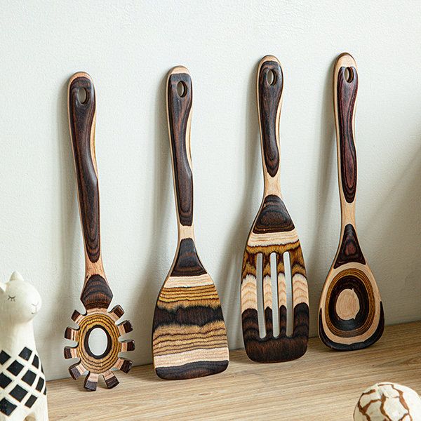 Striped Natural Wood Cooking Utensil Set
