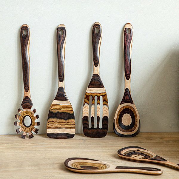 Striped Natural Wood Cooking Utensil Set